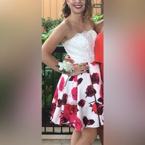 White Lace Bodice Prom Dress with Red Rose Print Skirt